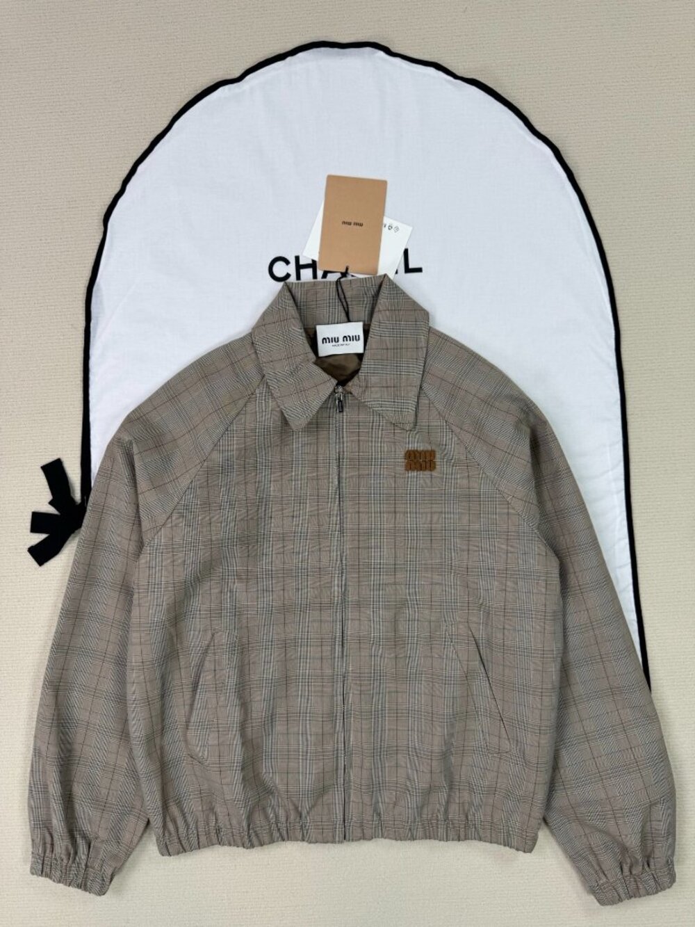Miu Miu Plaid Collared Zip Bomber Jacket Metal Logo Unisex